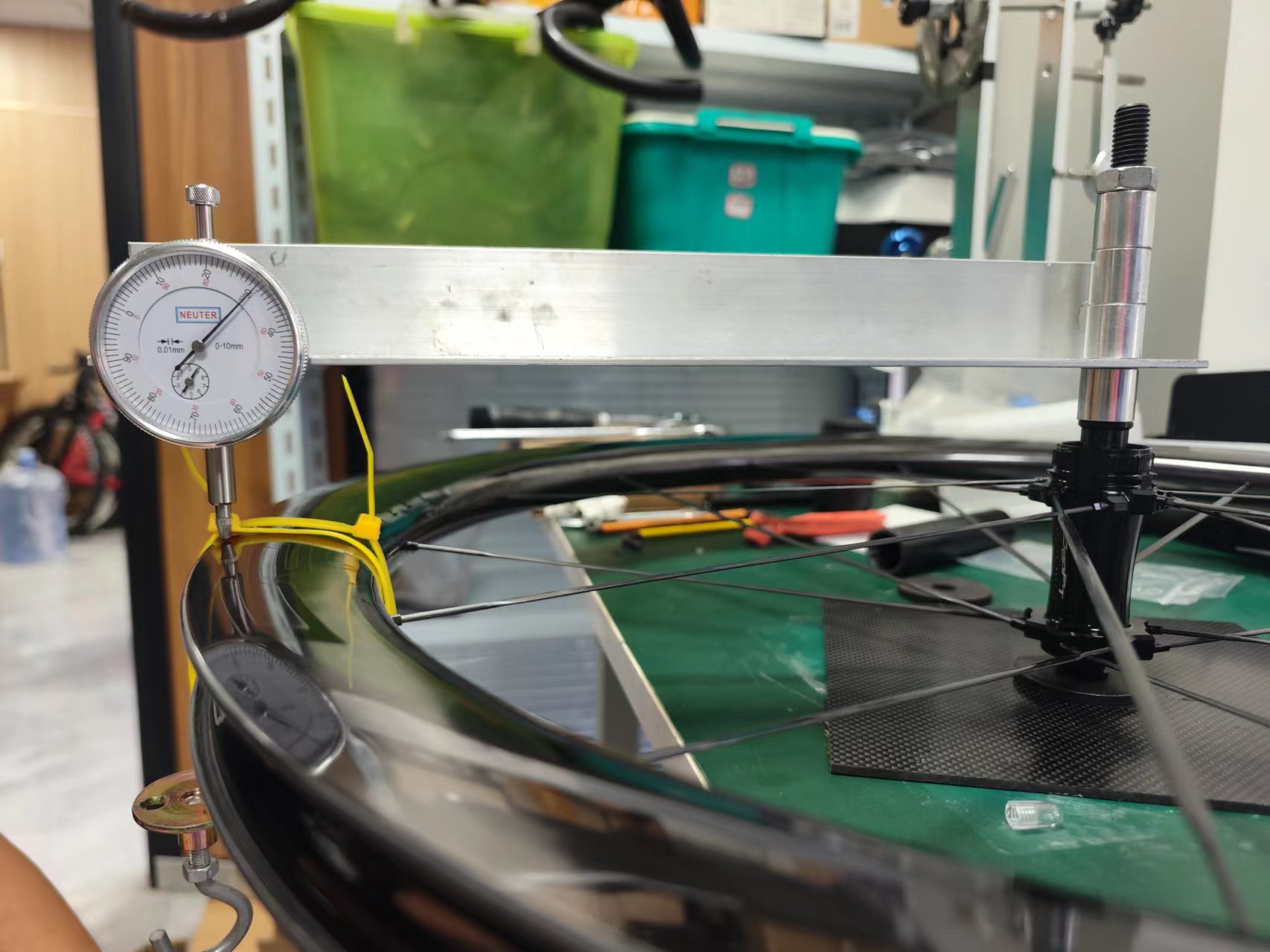 A wheel on a testing rig
