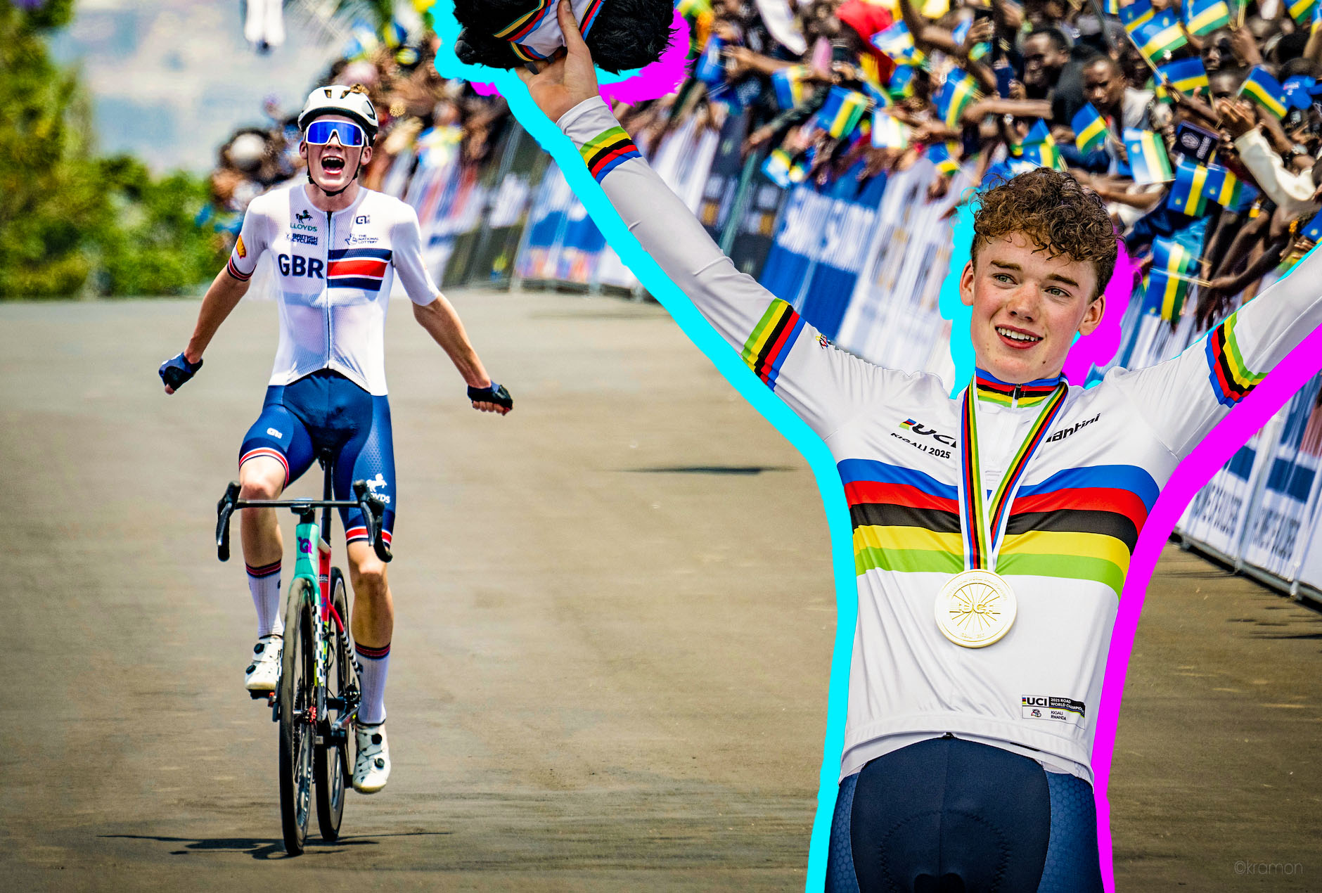 Harry HUDSON (GBR) arriving solo as he wins the Junior Men road race from Kigali to Kigali (119km) at the 2025 UCI Road World Championships in Kigali / Rwanda