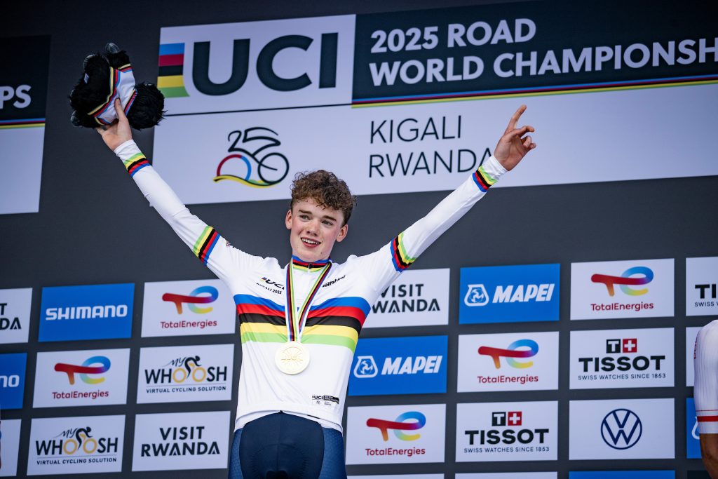 Harry raises his arms on the stage as he's crowned World Champion